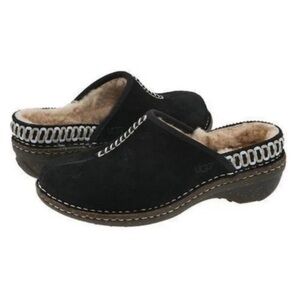 UGG Womens Slides Mules Shoes Black Suede Leather Slip On Shearling Lined Sz 7
